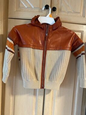 Gucci vintage 70” early 80” leather and wool Hooded Kids Sweater Jacket size 4